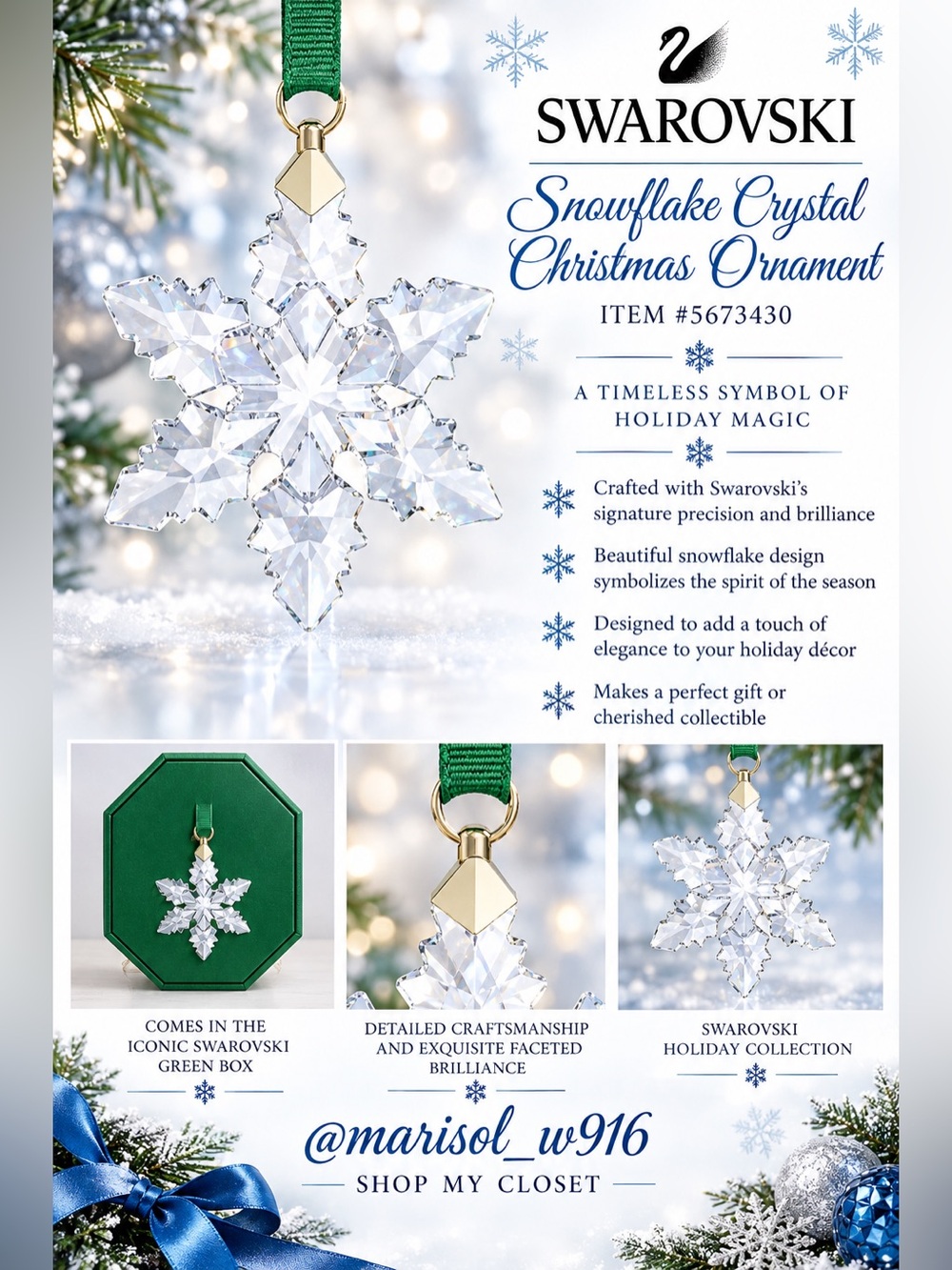 Swarovski Clear Crystal Snowflake Ornament with Green Ribbon